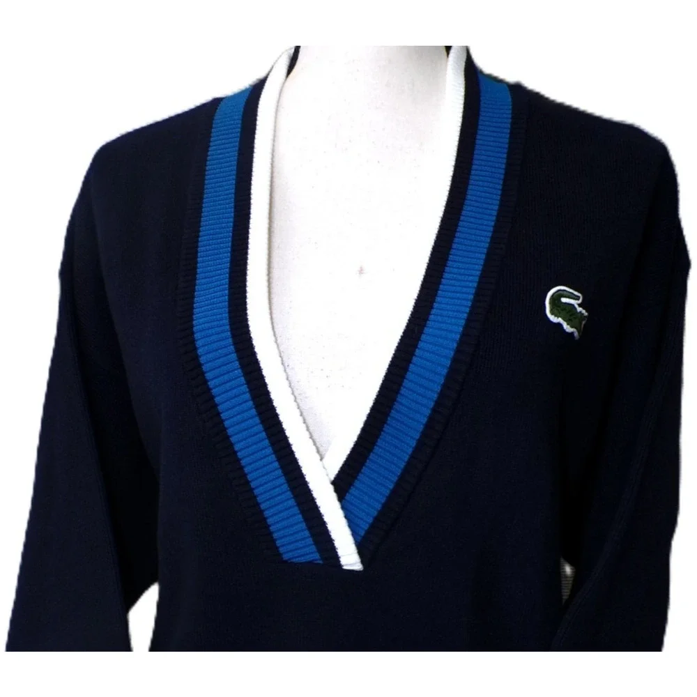 Lacoste V Sweater M Oversized Navy Color Block Tennis Jumper Big Alligator - Picture 10 of 16